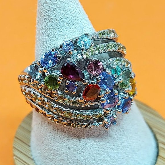 Natural Garnet, Emerald, Tanzanite 925 Sterling Silver Ring Sz 7.5 - Picture 8 of 9